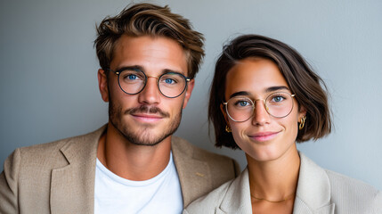 Startup Founder Couple with Faint AI Light Gradients, Minimalist Portrait