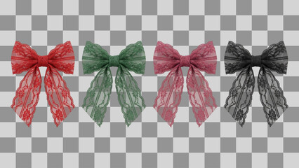 Set of four realistic lace bow ties or ribbons, red green pink and black colors, detailed feminine textile accessories