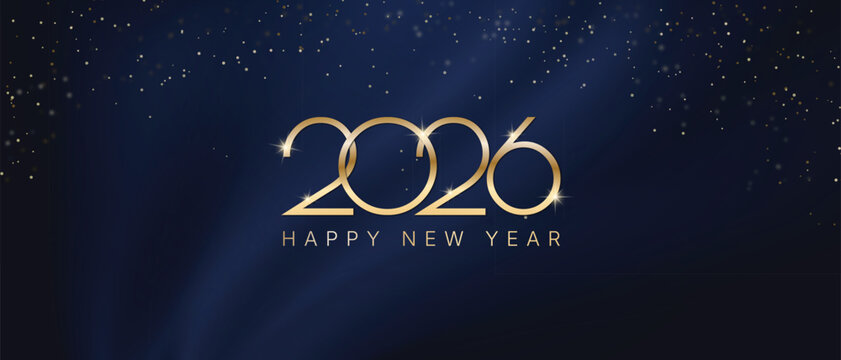 Happy New Year 2026 luxury gold typography on dark blue background with sparkling stars, elegant celebration banner, vector