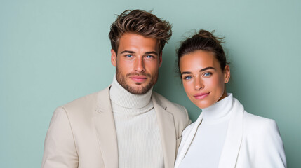 Startup Founder Couple with Faint AI Light Gradients, Minimalist Portrait