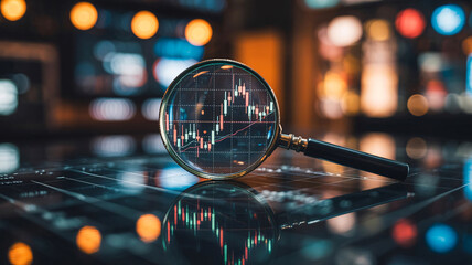 Close up of a magnifying glass analyzing financial candlestick charts and stock market trends
