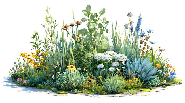 Vibrant mixed flower bed with diverse plants, including daisies, sunflowers, succulents, and bluebells, showcasing lush greenery and blooming flowers in a natural arrangement.