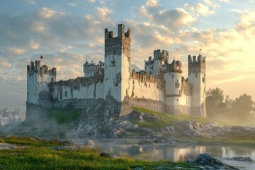 Fototapeta premium Majestic castle standing on rocky terrain under dramatic sky at sunrise near water