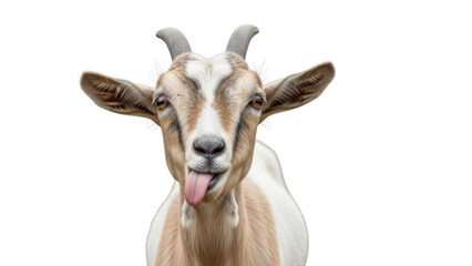 Fototapeta premium Funny Brown and White Goat Sticking Tongue Out Looking Directly at Camera isolated PNG with Transparent Background