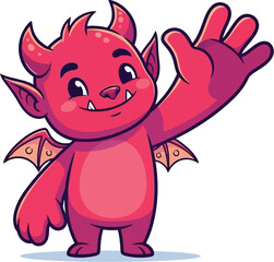 Cute cartoon devil waving with a friendly smile and playful demeanor