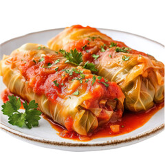 Stuffed cabbage rolls in tomato sauce with parsley on plate isolated


