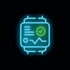 Fototapeta premium Neon smartwatch displaying successful data synchronization with a green check mark, ideal for tech and innovation concepts