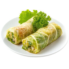 Light stuffed cabbage rolls with vegetables and herbs on white plate isolated

