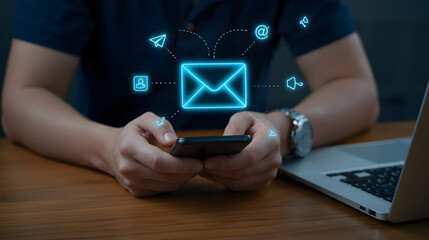 Person using smartphone with email and social media icons floating above