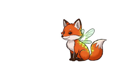 Obraz premium Cute cartoon orange fairy fox illustration with green insect wings and sparkling accents isolated PNG with Transparent Background