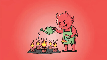Cute devil character nurturing burning plants with watering can