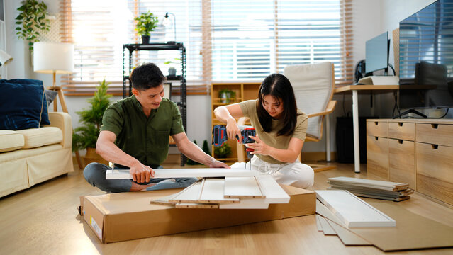 Adult Asian couple assemble furniture home improvement project modern living room happy collaboration mutual effort - Powered by Adobe