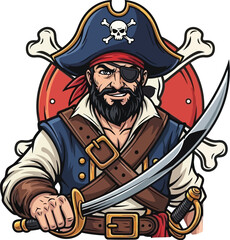 Pirate captain with sword and skull emblem on his hat ready for adventure