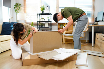 Adult Asian couple assemble furniture home improvement project modern living room happy collaboration mutual effort