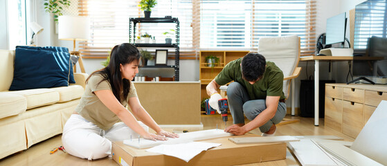 Adult Asian couple assemble furniture home improvement project modern living room happy collaboration mutual effort