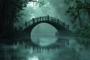Fototapeta premium Misty evening over a tranquil bridge in a serene forest setting