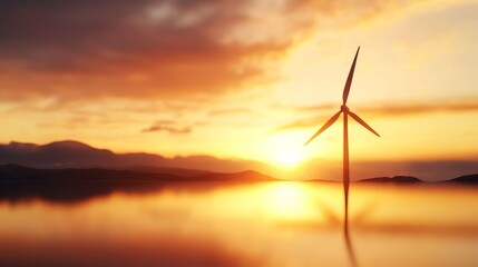 Wind Turbine Generating Renewable Energy at Sunset Over Tranquil Landscape