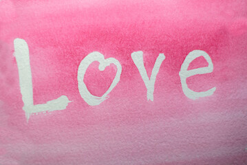 Pink background with hearts. Watercolor painting.
