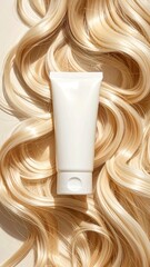White Tube of Hair Product Rests on Flowing Wavy Blonde Hair