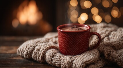 cozy winter vibes red mug of hot chocolate in knit sweater glowing firelight  festive bokeh  perfect for your winterthemed poster or serenityinspired home decor