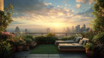 stunning rooftop garden oasis overlooking city skyline at sunset perfect for upscale real estate marketing urban lifestyle branding and luxury travel promotions