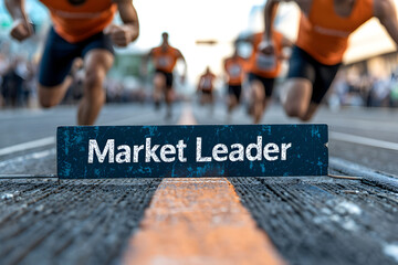 Determined business competition concept. market leader sign on race track for runners striving for success