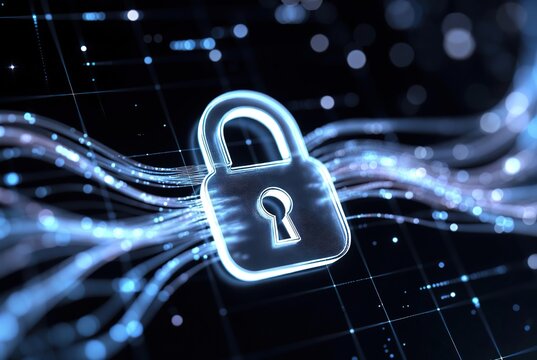 Digital security: glowing padlock protecting data stream in a secure cyber environment - Powered by Adobe