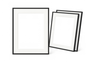 Blank black picture frames with white matting on transparent background creating gallery album mockup