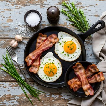 Fried Eggs and Bacon in Cast Iron Skillet