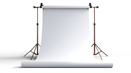 White photography backdrop on adjustable stands, ideal for studio portrait and product photography, blank background for versatile shooting needs.