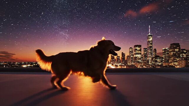 A majestic Golden Retriever silhouetted against a breathtaking starry night sky and the illuminated New York City skyline from a rooftop
