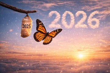  Butterfly Emerging from Cocoon Symbolizing Transition from 2025 to 2026