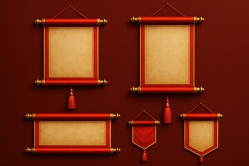 Set of Chinese scroll papers with red silk banners gold trim tassels and traditional decorative rods