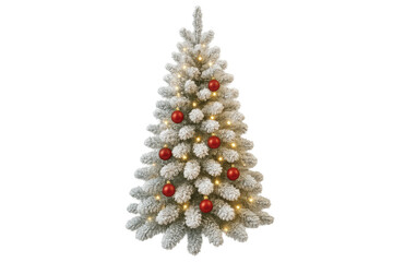 Flocked christmas tree decorated with red ornaments and glowing fairy lights, bringing holiday cheer, transparent background