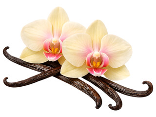 Vanilla beans with white and pink orchid flowers white flowers vanilla beans, orchid flowers, white flowers, pink flowers, brown vanilla pods, black background, floral arrangement, plant, decoration, 