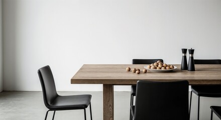 Interior design of stylish dining room interior with family wooden table, modern chairs, plate with nuts, salt and pepper shakers. Concrete floor. White wall.