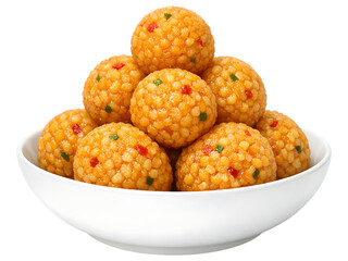 White bowl of orange sweets with red and green bits bowl, sweets, orange, red, green, white, dessert, food, indian, ladoo, boondi, sweet balls, traditional, colorful, sugary, treat, cuisine, snack, pi