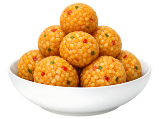 White bowl of orange sweets with red and green bits bowl, sweets, orange, red, green, white, dessert, food, indian, ladoo, boondi, sweet balls, traditional, colorful, sugary, treat, cuisine, snack, pi