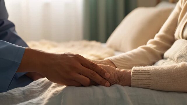 Close-up of elderly woman s hands gently held by a caregiver in a softly lit bedroom conveying comfort and support during a vulnerable moment
