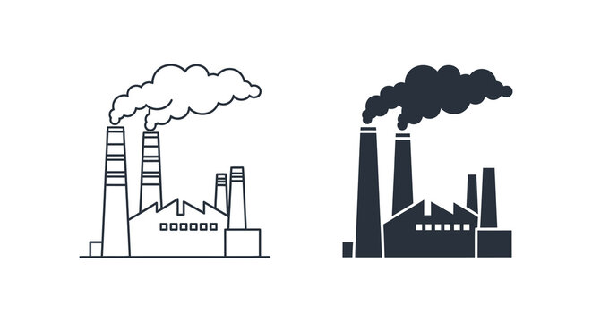 Industrial landscape with factory chimneys emitting smoke depicted in contrasting line art and silhouette