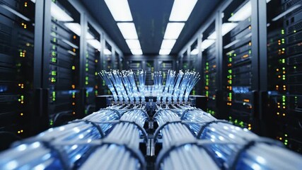 Close-up view of a server room with glowing blue fiber optic cables connecting to racks filled with servers and blinking lights in a modern data center