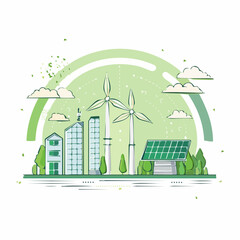 Fototapeta premium Eco friendly cityscape. Sustainable urban landscape. Green energy icons. Wind turbines. Solar panels. Vector illustration of renewable energy. Environmental conservation. White background.