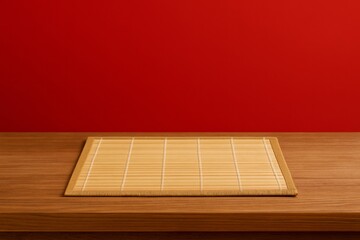 Wooden table with bamboo mat on red background ideal for Chinese New Year product mockups