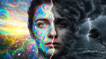 Surreal Split Face Showing Contrast Between Colorful Psychedelic Mind and Stormy Darkness