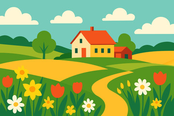 Fototapeta premium Countryside House Landscape Illustration with Flowers and Path