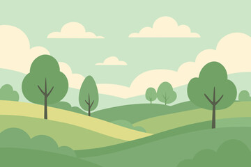 Obraz premium Minimal Green Hills Landscape Illustration with Trees and Clouds
