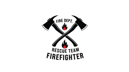 Professional firefighter rescue team emblem with two crossed axes and small flames of fire in a bold black and white design style.
