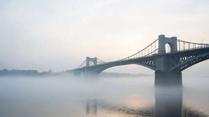 Obraz premium Mysterious bridge shrouded in thick fog over calm water at dawn.
