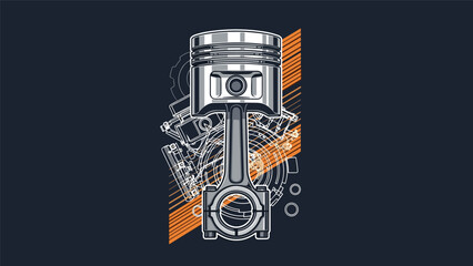 Professional engine piston design with technical drafting lines and vibrant orange stripes set against a dark blue background.