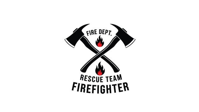 Professional firefighter rescue team emblem with two crossed axes and small flames of fire in a bold black and white design style.